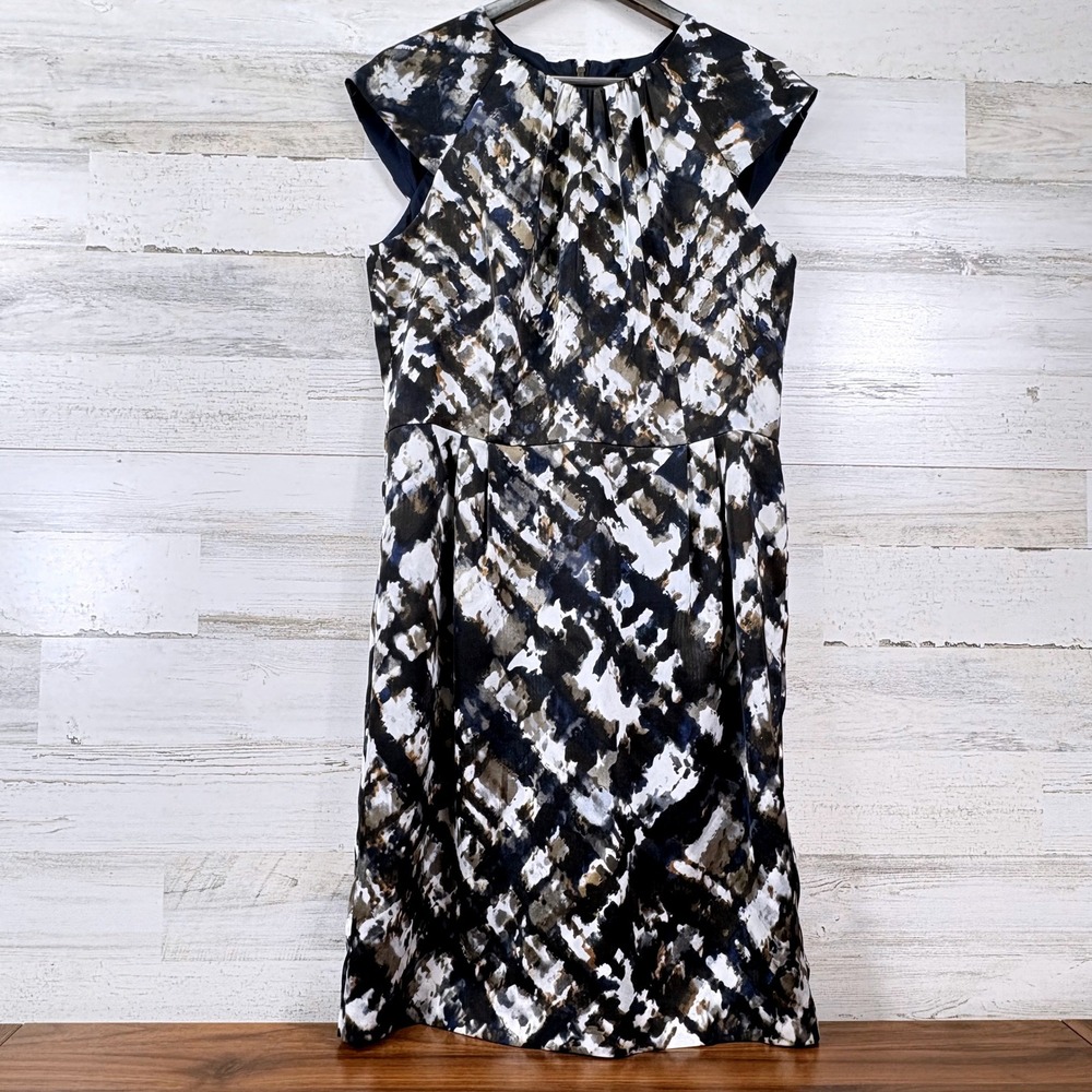 Ann Taylor Sheath Dress Womens 12 Blue Abstract Plaid Cap Sleeve Corpcore Chic